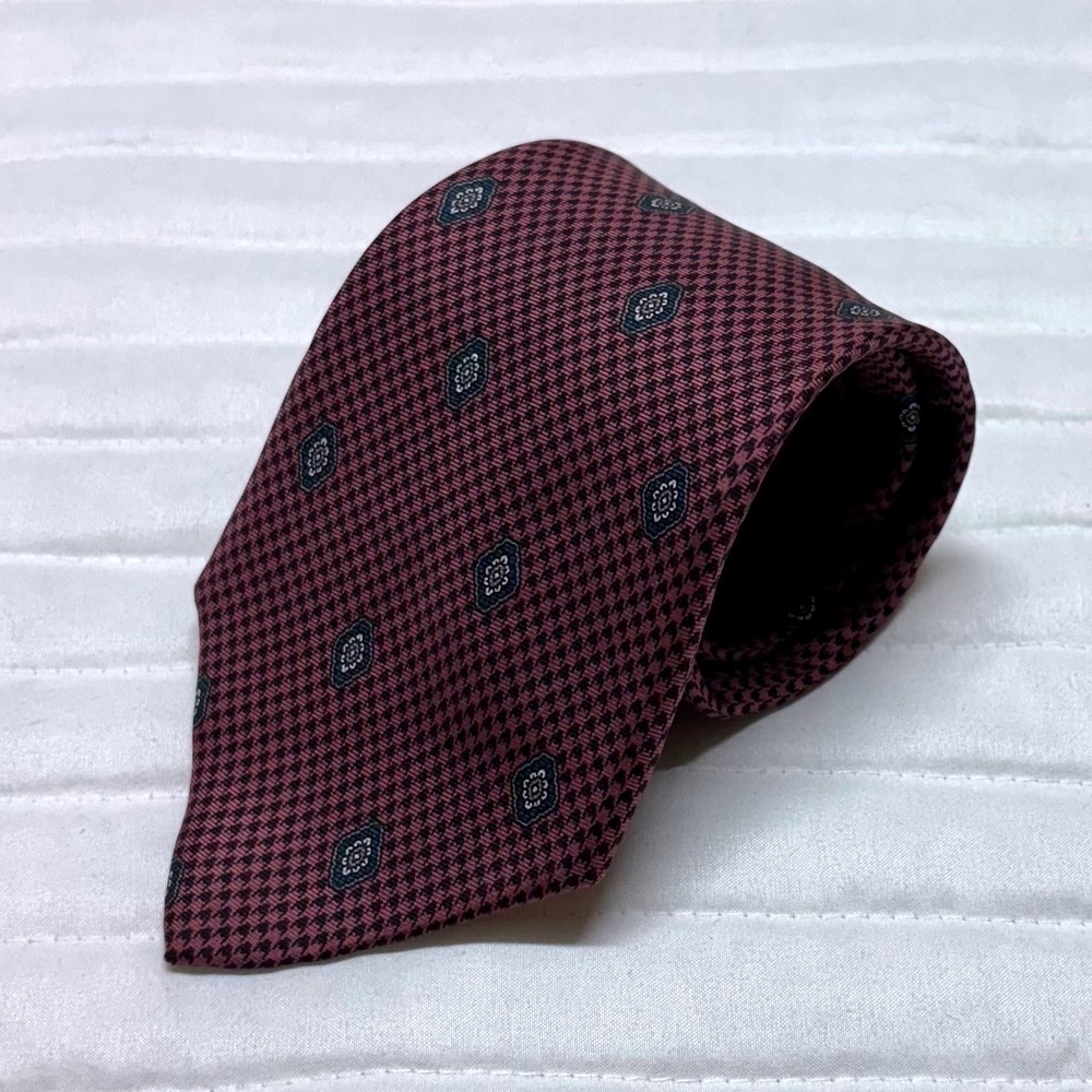 Christian Dior Monsieur Silk Tie Burgundy Geometric Medallion Houndstooth Italy